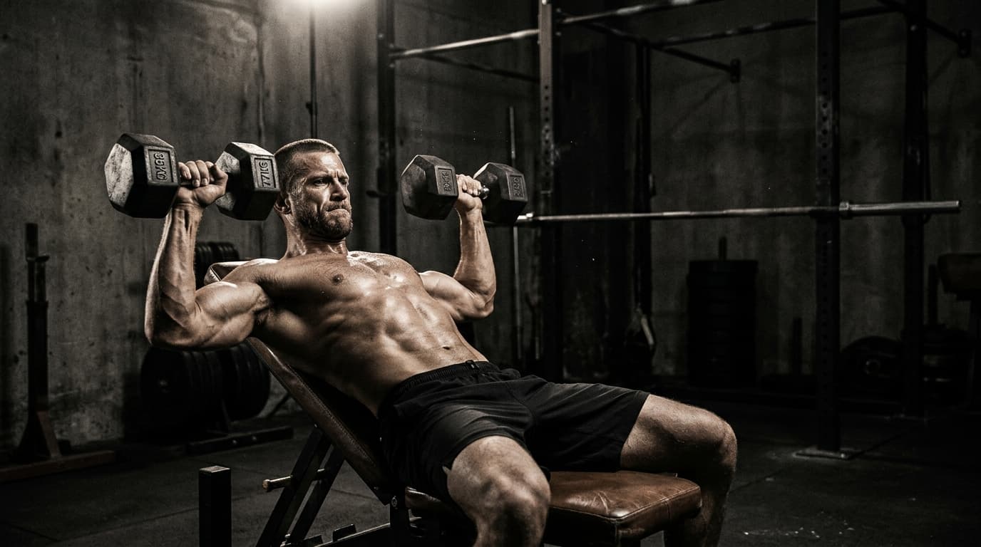 Athlete training for hypertrophy in dramatic gym lighting
